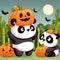 Two cute pandas playing with Halloween pumpkins