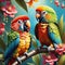 The two cute parrots are at the top of the tree,