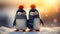 Two cute penguins with thick wool hats in the snow. Winter illustration