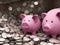 Two cute piggy banks standing in a bank vault with silver coins