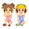 Two cute teenager girls sitting together on floor listening music with headphones
