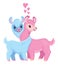 Two cute Valentine`s llamas with necks intertwined