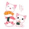 Two cute white cats with maki roll and sushi. Kawaii little kitties are happy to eat sushi