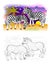 Two cute zebras in African desert. Colorful and black and white page for coloring book for kids.