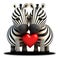 Two cute zebras in love with a heart symbol. Valentine`s postcard