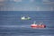 Two cutters passing each other in the North sea with wind turbines of a wind farm