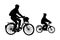 Two cyclist silhouette isolated on white background. Little girl riding bicycle with father.