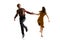 Two dancers, young man and woman in old-school fashioned attire dancing rock-and-roll isolated on white background