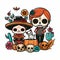 Two dark, cowboys, around the skull. For the day of the dead and Halloween, white isolated background