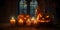 Two dark glowing pumpkins and burning candles in an abandoned house, a Halloween image