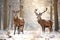 Two deer stand on the edge of a winter forest and survive the winter.Deer in the national park in the forest. Generative AI