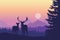 Two deer standing in coniferous forest under mountains and yellow purple sky - with space for text