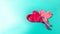 Two deflated pink rubber balls in the shape of a heart on a background of turquoise color