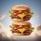 Two Delicious flying hamburgers on sky blue background. Food levitation. Juicy cheeseburger flying in the air. Fastfood commercial