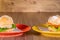 Two delicious hamburgers on wooden background