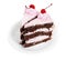 Two delicious pieces of chocolate cake with cherry cream and canned cherries on a white plate, close-up