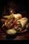 Two delicious shawarma rolls placed on rustic wooden board, with dark background. Rolls are filled with tantalizing combination of