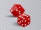 Two dice casino gambling. Red poker cubes vector isolated on transparent background.