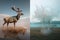 Two different images of a deer and a tree. AI generative image.