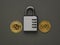Two digital coins and a gray combination lock on a dark gray background