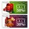 Two discount Christmas banners with Santa letterbox and present with Teddy bear. Green and purple discount banners