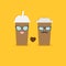 Two disposable coffee paper cups with sunglasses mustache lips and bean heart. Flat design
