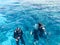 Two divers in black scuba diving suits, a man and a woman with oxygen bottles sink under the transparent blue water in the sea, th