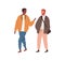 Two diverse guys talking and walking outdoor together vector flat illustration. Male friends in trendy outfit enjoying