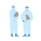 Two diverse male doctors in protective suits holding clipboard vector illustration. Medical staff wearing uniform