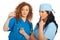 Two doctors women analyze blood tube