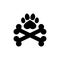 Two dog crossbones and paw print. Crossed bones icon and logo design. Silhouette. Isolated vector illustration.