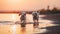 two dog friendship , puppy sit play on sunset in sea water on beach wild field