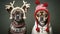 two dogs dressed in christmas clothing