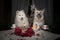 Two dogs drink tea at a table with cookies, cups and flowers