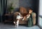 Two dogs engage in playful interaction on a cozy armchair, in a well-lit room.