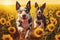 two dogs frolicking in field of sunflowers in springtime