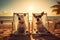 Two dogs in glasses lie on sunbeds on the sand on the beach near the ocean, tropics and sea, palm trees weekend summer vacation,