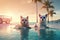 Two dogs in glasses lie on sunbeds on the sand on the beach near the ocean, tropics and sea, palm trees weekend summer vacation,