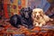 two dogs lie on a vintage patchwork quilt, generated by AI, generative helper.