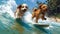 Two dogs playing on a surfboard in the ocean. Conceptual image Generative AI