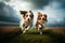 two dogs, running together through green field, with wispy clouds in the background