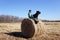 Two dogs sit on a haystack with girl