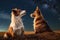 Two dogs sitting backwards and watching on night stars sky. Milkyway cosmos background