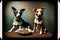 Two Dogs Sitting Next To Each Other In Front Of A Plate Of Food. Generative AI