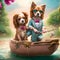 Two dogs spaniel, boy and girl are sitting boat