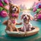 Two dogs spaniel, boy and girl are sitting boat