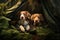 Two dogs in a tent in the forest. Camping in the nature. Generative AI