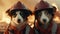 Two dogs wearing fireman hats, AI