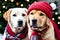 Two dogs wearing hats and scarves in front of a christmas tree.