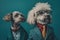 Two dogs wearing suits and ties, one with glasses and the other with a tie. Generative AI image.